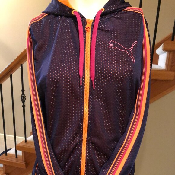 Puma Activewear Full Zip Hooded Jacket w Drawstring Navy Purple Orange Sz S - Picture 1 of 6